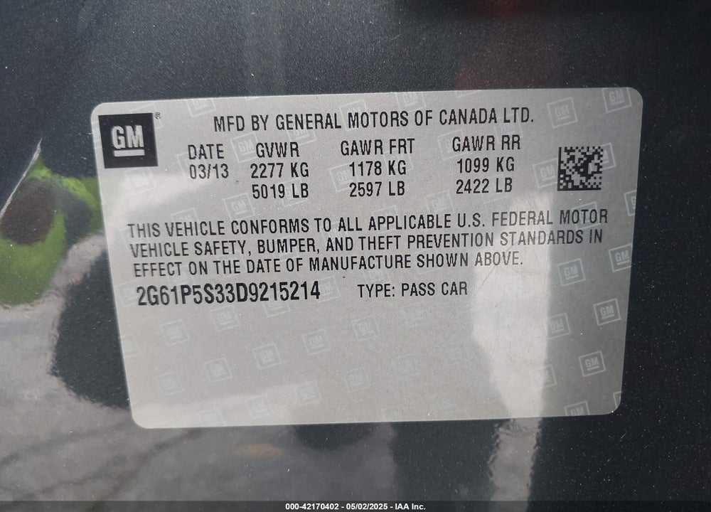 2013 CADILLAC XTS VIN: 2G61P5S33D9215214