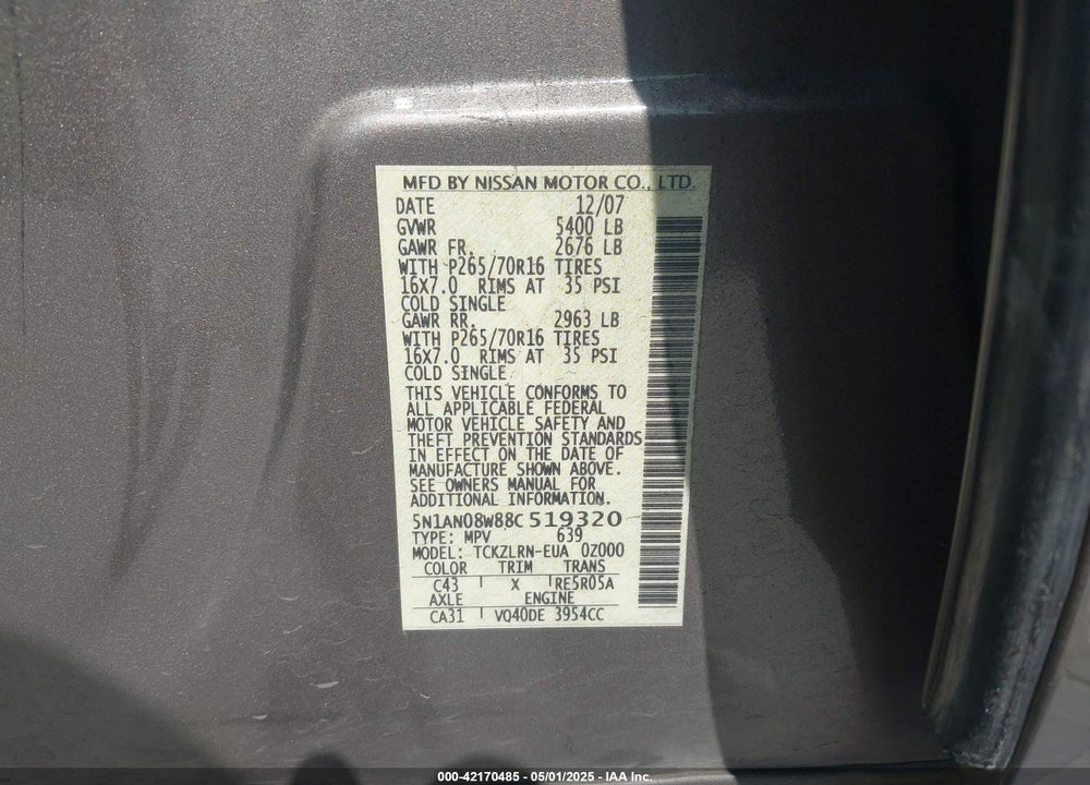 2008 NISSAN XTERRA S VIN: 5N1AN08W88C519320