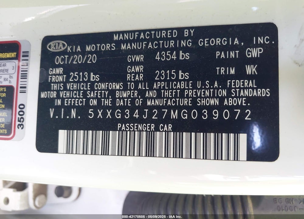 2021 KIA K5 VIN: 5XXG34J27MG039072