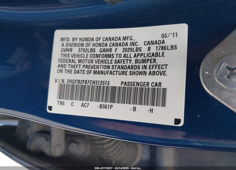 2012 HONDA CIVIC VIN: 2HGFB2F87CH512515