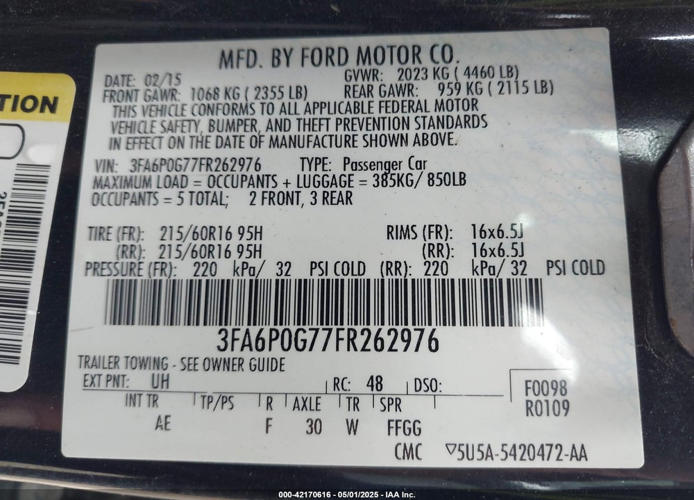 2015 FORD FUSION S VIN: 3FA6P0G77FR262976