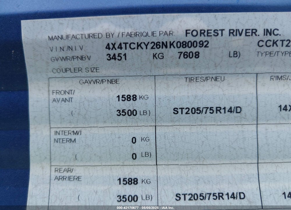 2022 GRSYR TRAVEL TRLR VIN: 4X4TCKY26NK080092