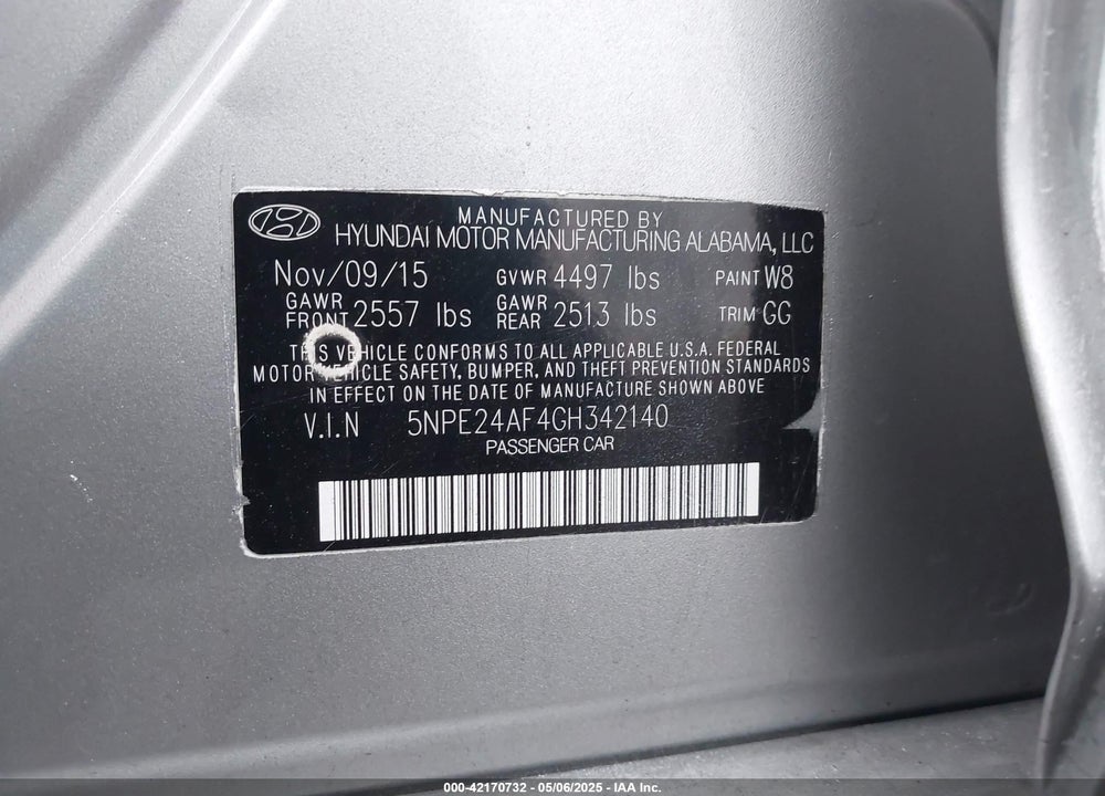 2016 HYUNDAI SONATA SE VIN: 5NPE24AF4GH342140