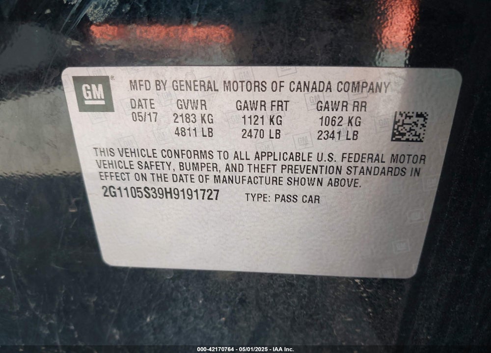 2017 CHEVROLET IMPALA 1LT VIN: 2G1105S39H9191727