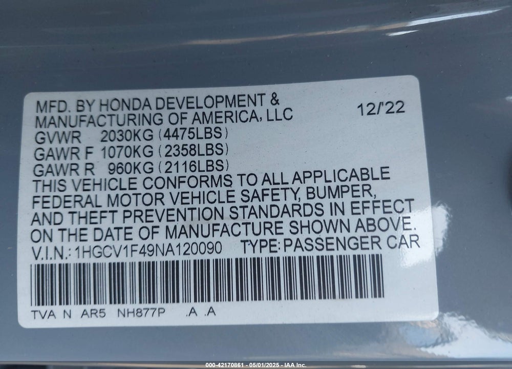 2022 HONDA ACCORD VIN: 1HGCV1F49NA120090