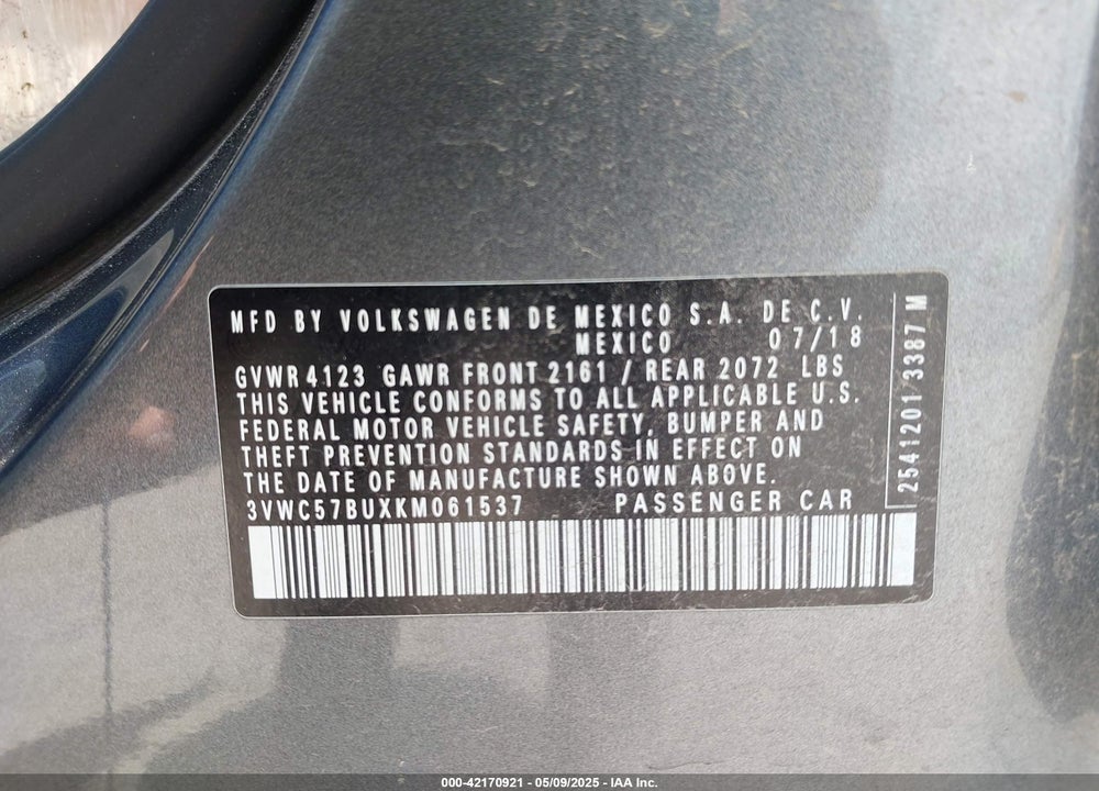 2019 VOLKSWAGEN JETTA VIN: 3VWC57BUXKM061537