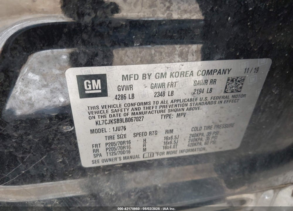 2020 CHEVROLET TRAX FWD LS VIN: KL7CJKSB9LB067027