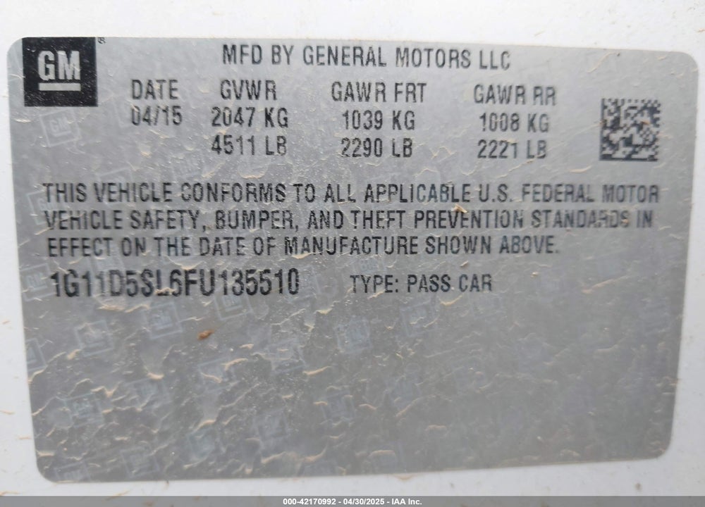 2015 CHEVROLET MALIBU 2LT VIN: 1G11D5SL6FU135510