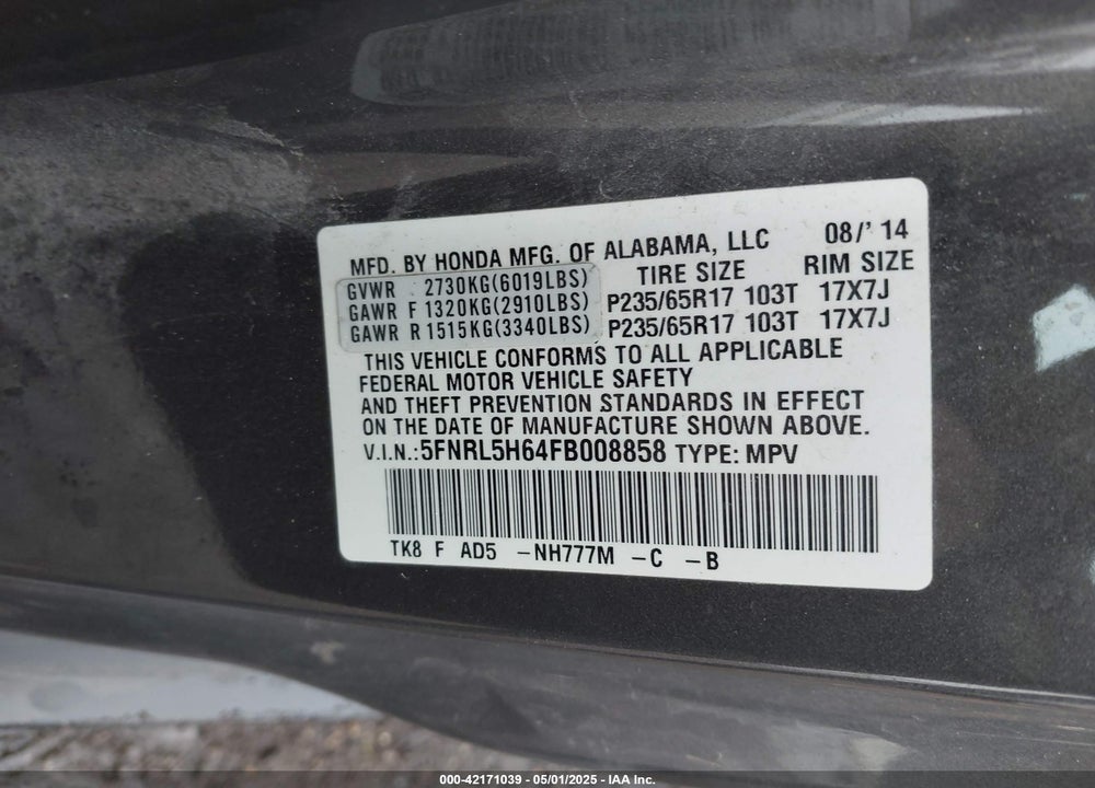 2015 HONDA ODYSSEY EX-L VIN: 5FNRL5H64FB008858