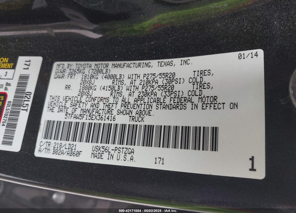 2014 TOYOTA TUNDRA 1794 5.7L V8 VIN: 5TFAW5F15EX361416