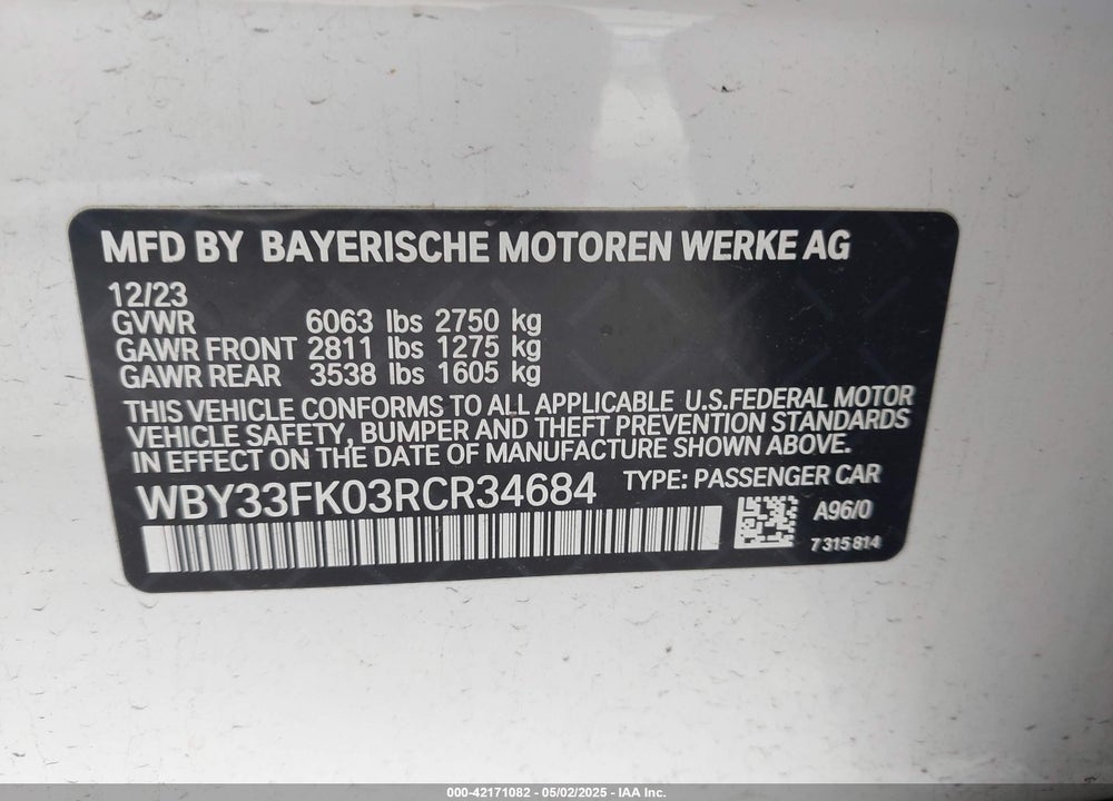 2024 BMW I5 VIN: WBY33FK03RCR34684