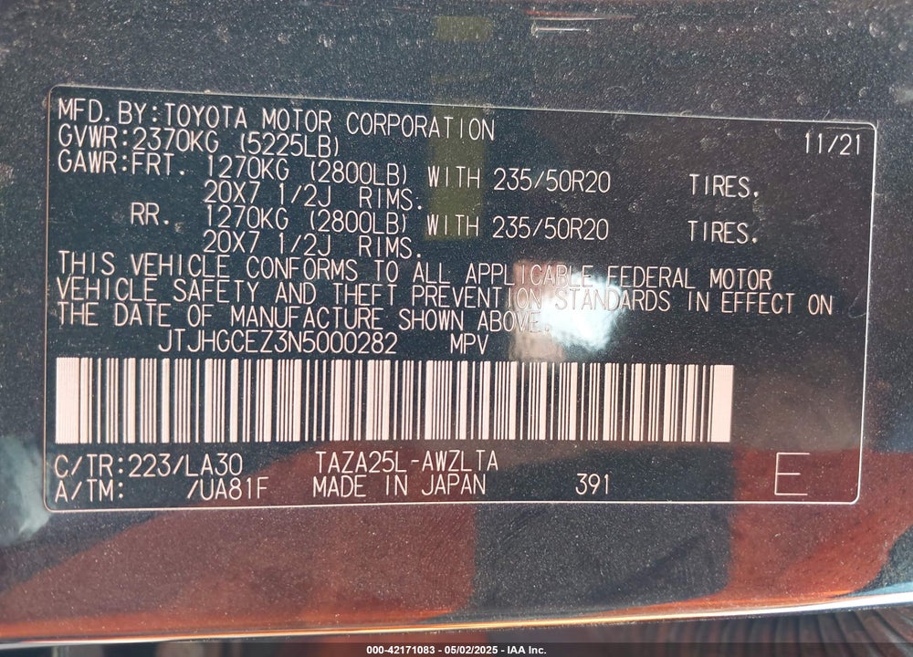 2022 LEXUS NX 350 LUXURY VIN: JTJHGCEZ3N5000282