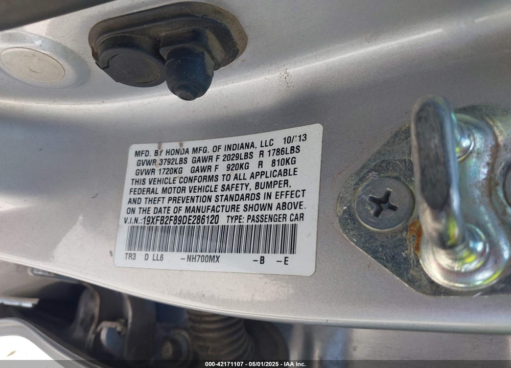 2013 HONDA CIVIC VIN: 19XFB2F89DE286120