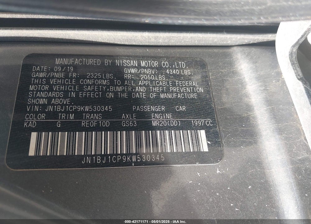 2019 NISSAN ROGUE SPORT VIN: JN1BJ1CP9KW530345