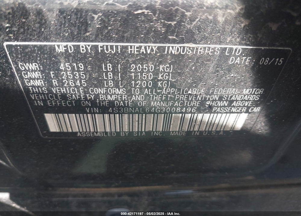2016 SUBARU LEGACY 2.5I LIMITED VIN: 4S3BNAL64G3008496