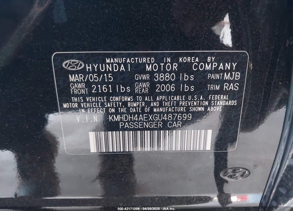 2016 HYUNDAI ELANTRA VIN: KMHDH4AEXGU487699