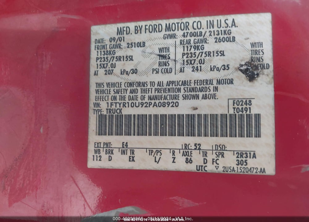 2002 FORD RANGER EDGE/XL/XLT VIN: 1FTYR10U92PA08920