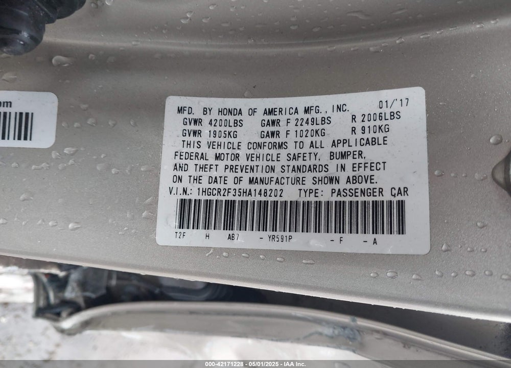 2017 HONDA ACCORD LX VIN: 1HGCR2F35HA148202