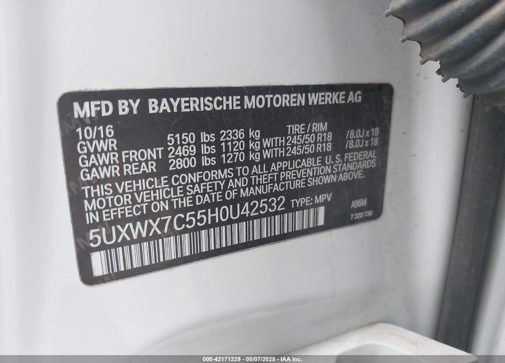 2017 BMW X3 XDRIVE35I VIN: 5UXWX7C55H0U42532