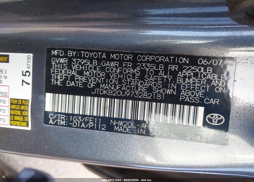 2007 TOYOTA PRIUS VIN: JTDKB20U973282181