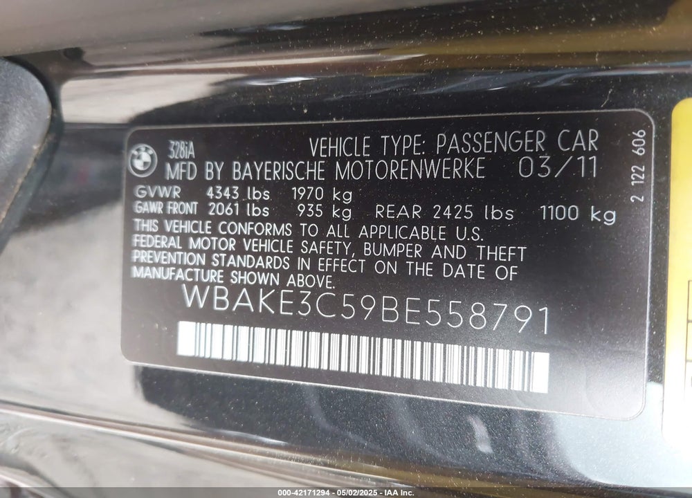 2011 BMW 328I VIN: WBAKE3C59BE558791