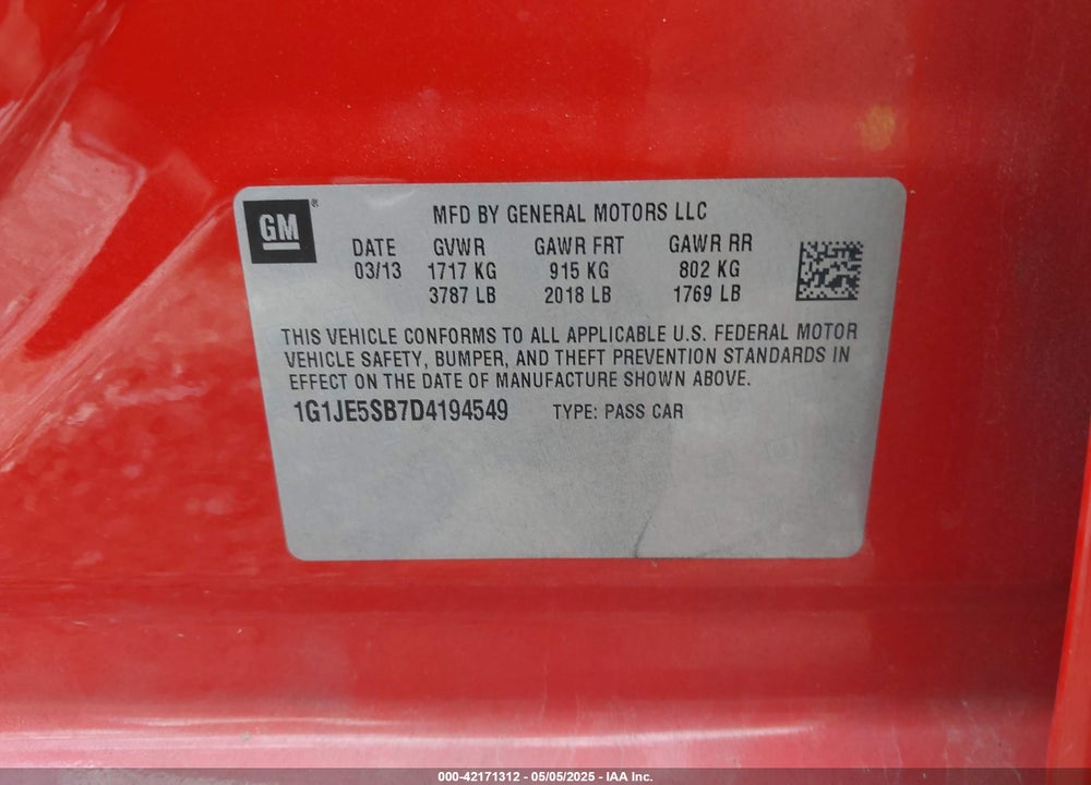 2013 CHEVROLET SONIC LTZ AUTO VIN: 1G1JE5SB7D4194549
