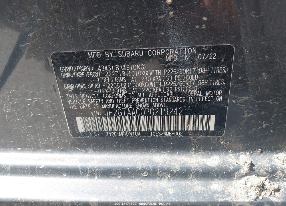 2023 SUBARU CROSSTREK VIN: JF2GTAAC0PG219242