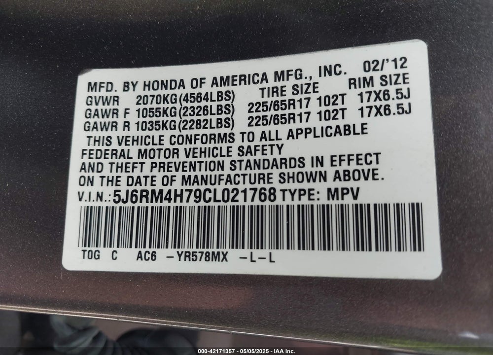 2012 HONDA CR-V VIN: 5J6RM4H79CL021768