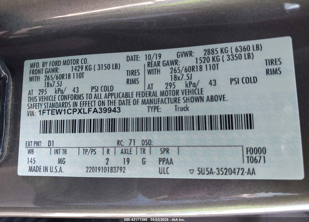 2020 FORD F-150 VIN: 1FTEW1CPXLFA39943