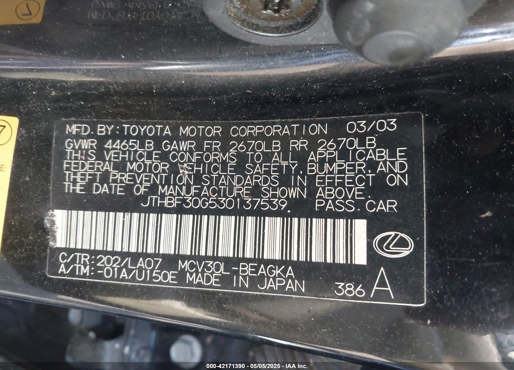 2003 LEXUS ES 300 VIN: JTHBF30G530137539
