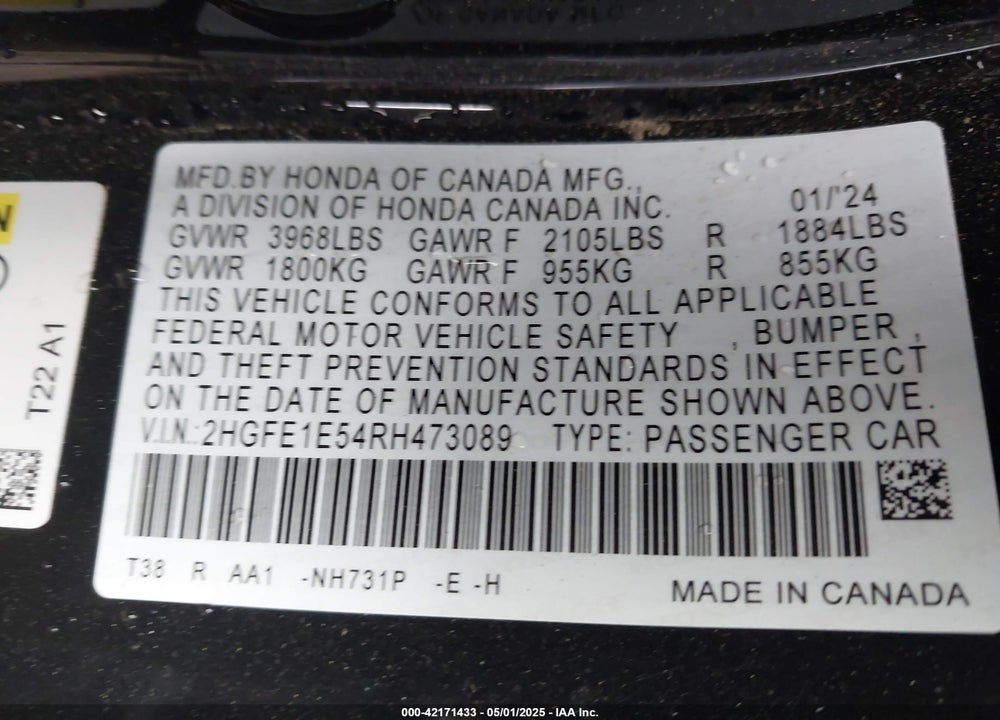 2024 HONDA CIVIC SI SEDAN VIN: 2HGFE1E54RH473089