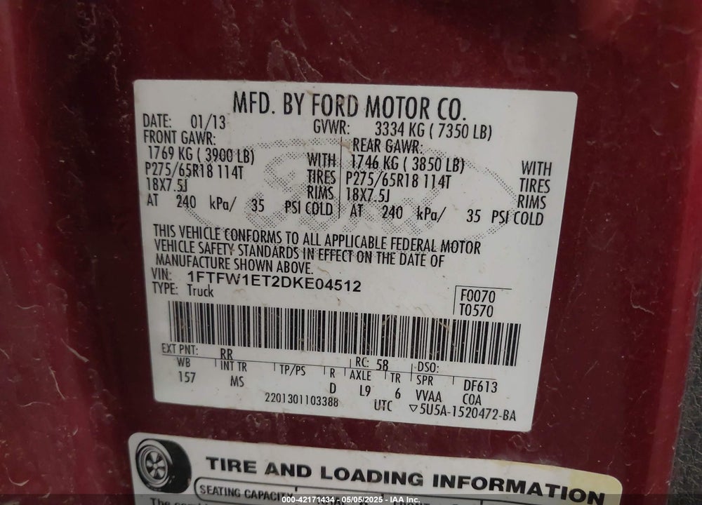 2013 FORD F-150 VIN: 1FTFW1ET2DKE04512