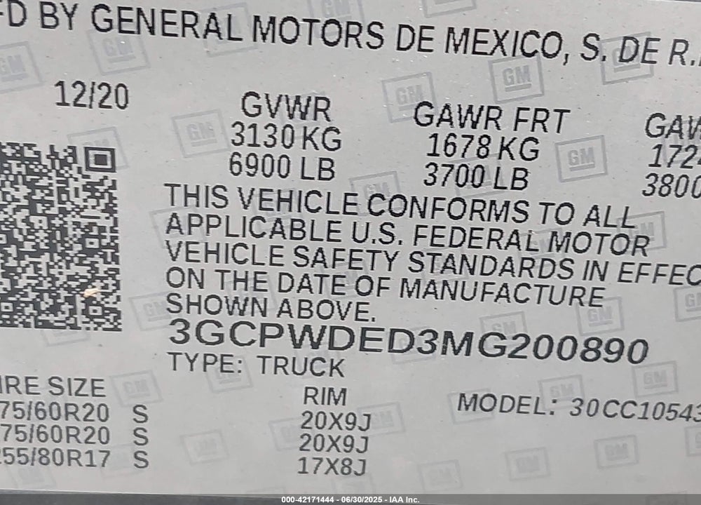 2021 CHEVROLET SILVERADO 1500 VIN: 3GCPWDED3MG200890