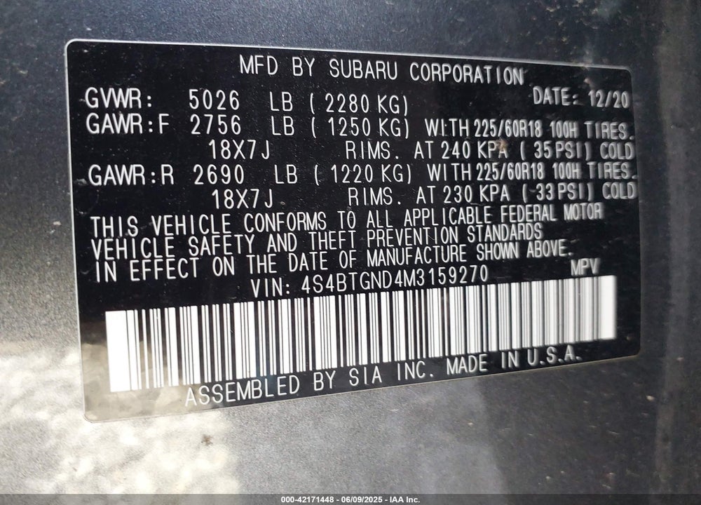 2021 SUBARU OUTBACK LIMITED XT VIN: 4S4BTGND4M3159270