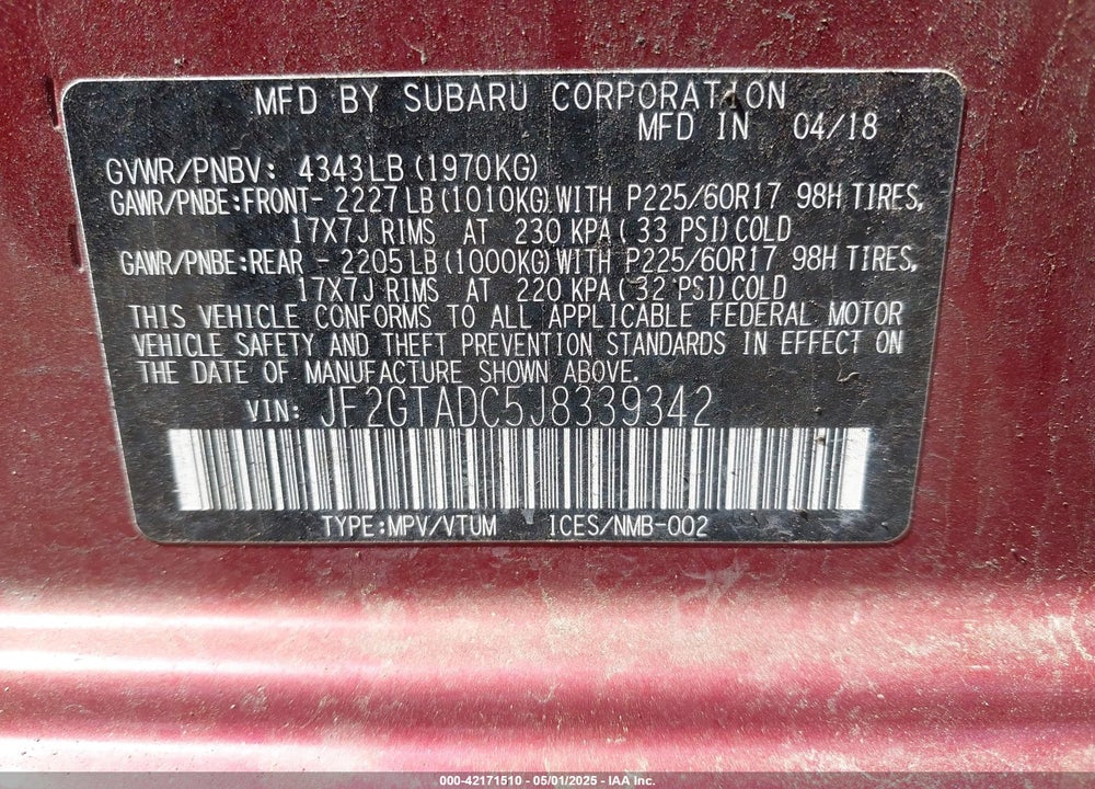 2018 SUBARU CROSSTREK VIN: JF2GTADC5J8339342