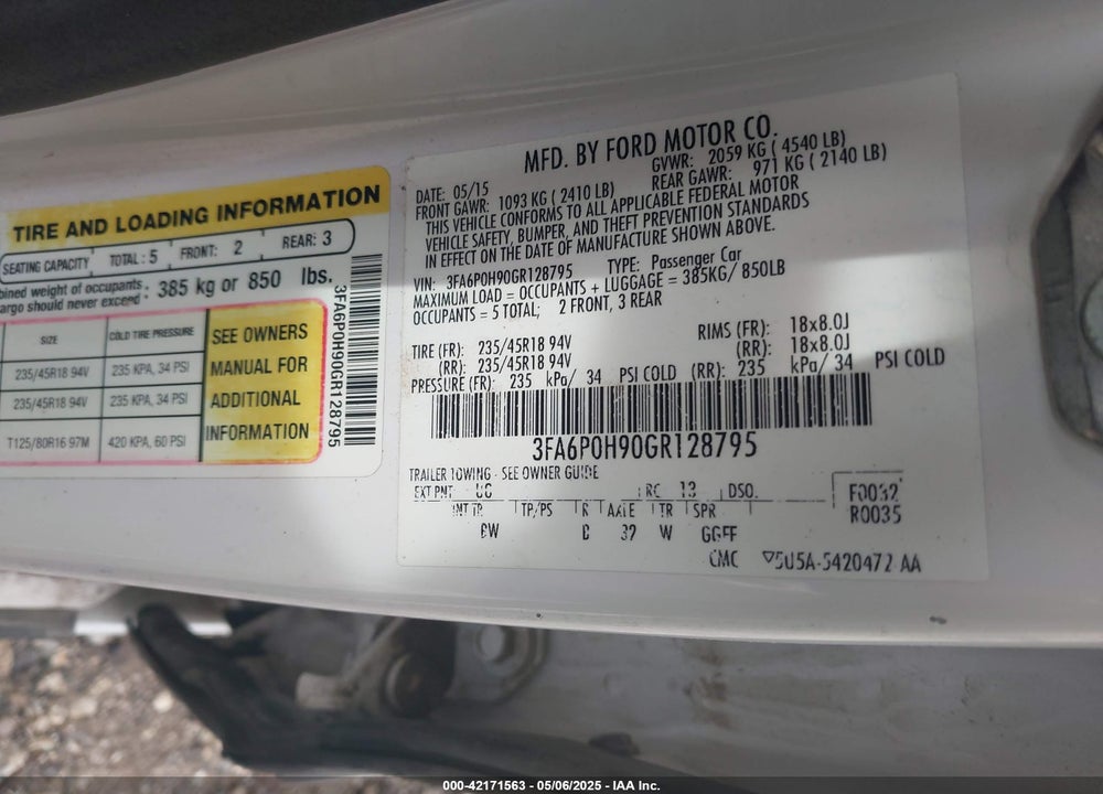 2016 FORD FUSION VIN: 3FA6P0H90GR128795