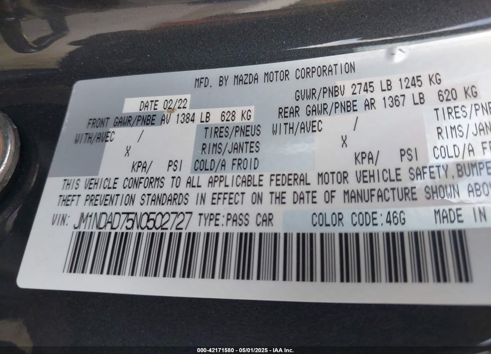 2022 MAZDA MX-5 MIATA VIN: JM1NDAD75N0502727