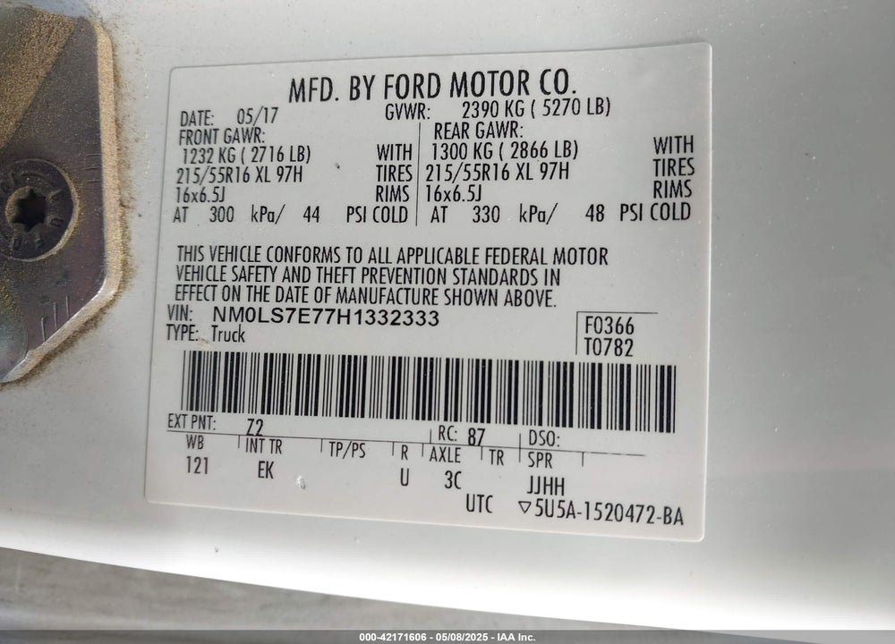 2017 FORD TRANSIT CONNECT XL VIN: NM0LS7E77H1332333