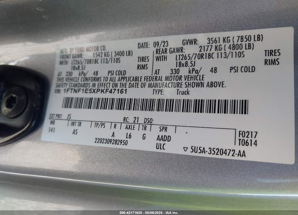 2023 FORD F-150 VIN: 1FTNF1E5XPKF47161