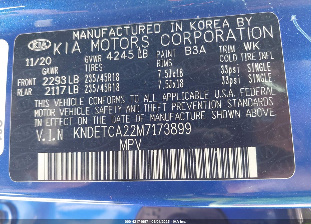 2021 KIA SELTOS VIN: KNDETCA22M7173899