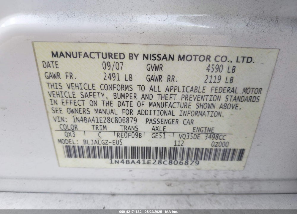 2008 NISSAN MAXIMA 3.5 SL VIN: 1N4BA41E28C806879
