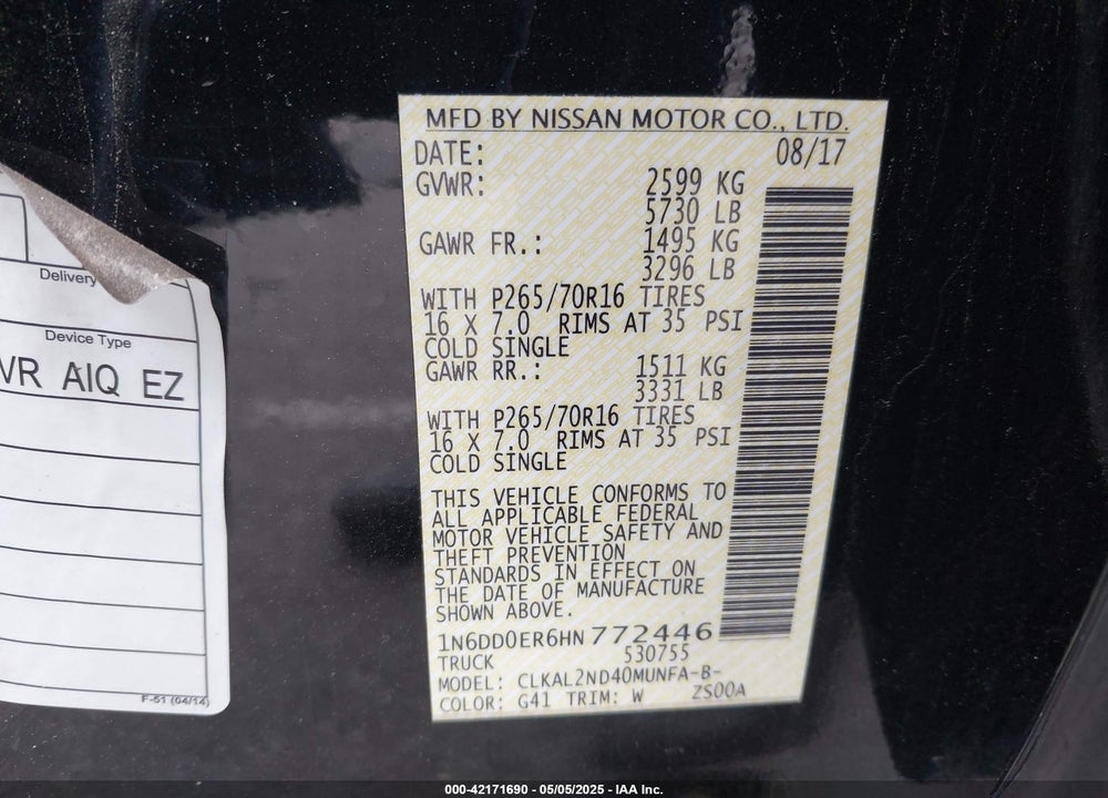 2017 NISSAN FRONTIER VIN: 1N6DD0ER6HN772446