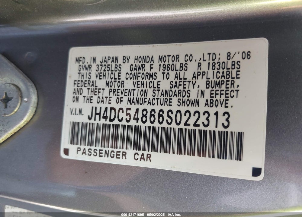 2006 ACURA RSX VIN: JH4DC54866S022313