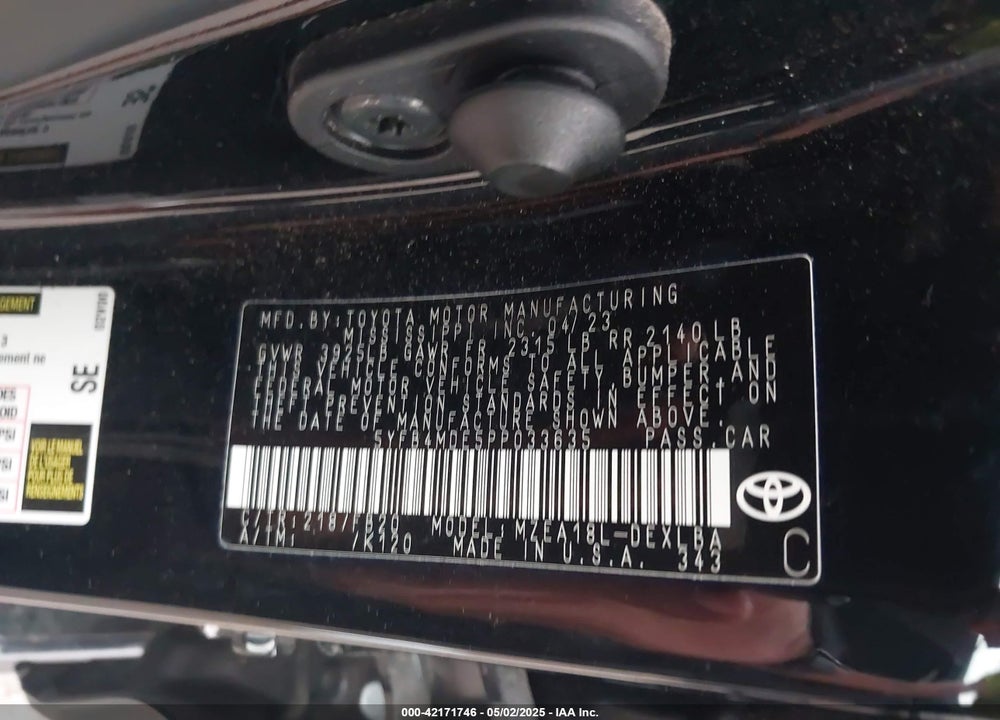 2023 TOYOTA COROLLA VIN: 5YFB4MDE5PP033635