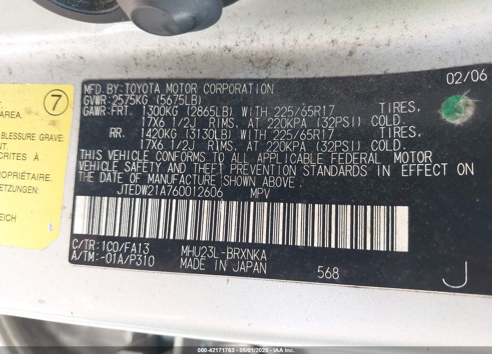 2006 TOYOTA HIGHLANDER HYBRID VIN: JTEDW21A760012606