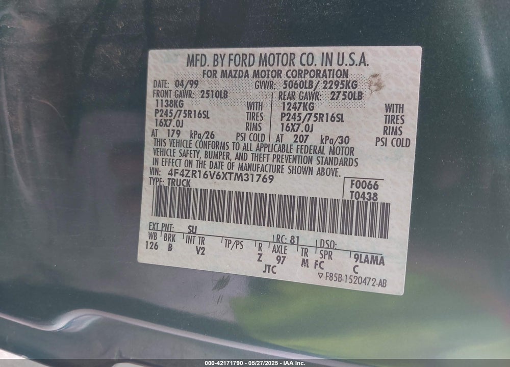 1999 MAZDA B3000 SE/TL VIN: 4F4ZR16V6XTM31769