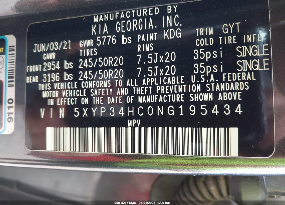 2022 KIA TELLURIDE VIN: 5XYP34HC0NG195434