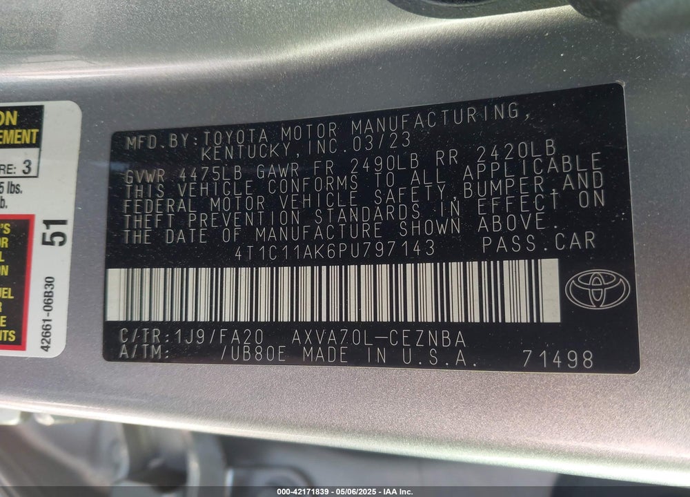 2023 TOYOTA CAMRY VIN: 4T1C11AK6PU797143