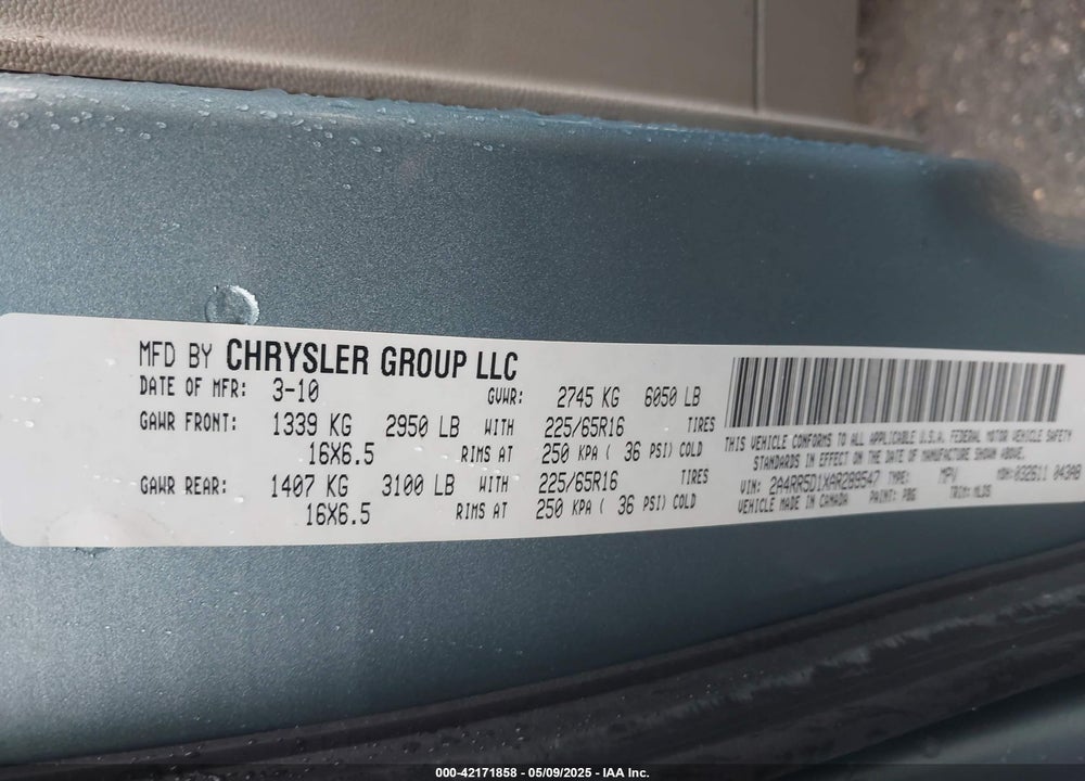 2010 CHRYSLER TOWN & COUNTRY TOURING VIN: 2A4RR5D1XAR289547