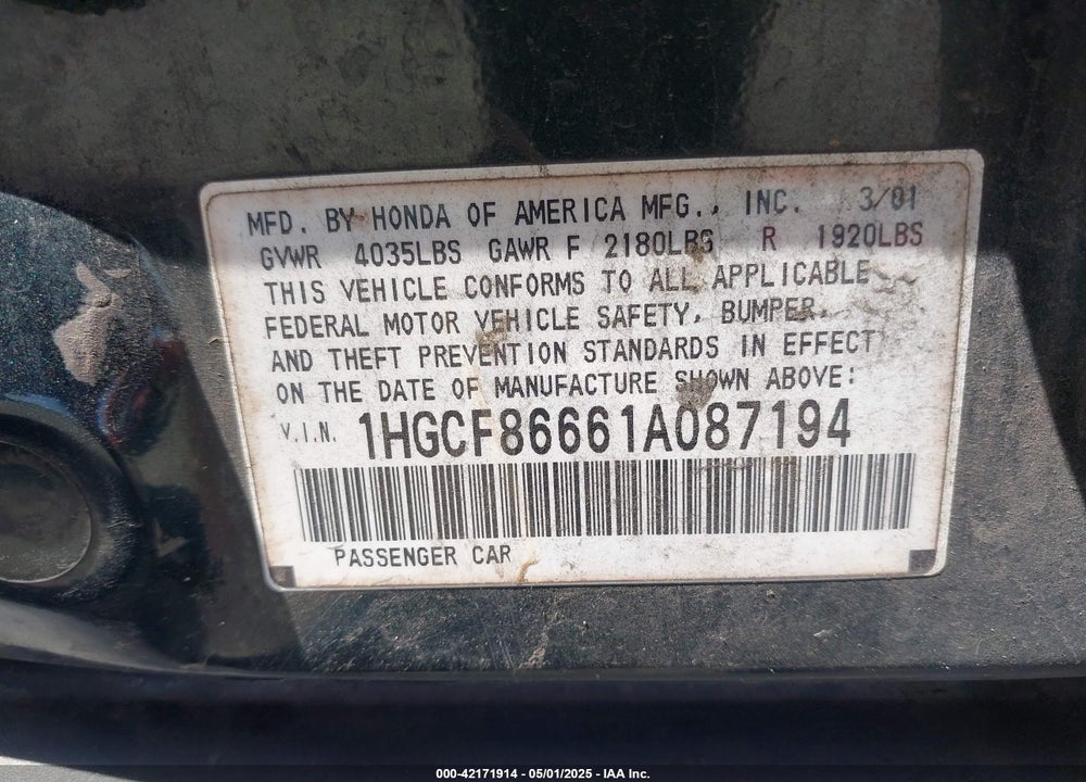 2001 HONDA ACCORD VIN: 1HGCF86661A087194